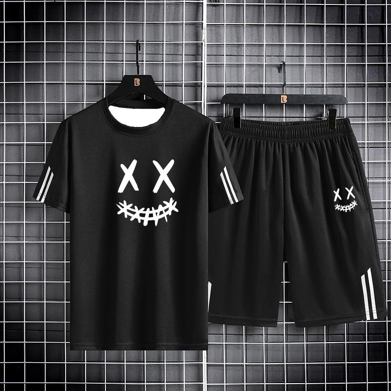 Men's Summer Sports Suit Round Neck Short Sleeved T-shirt Five Quarter Shorts Slim Fit Fashion Two-piece Set Men's Clothing