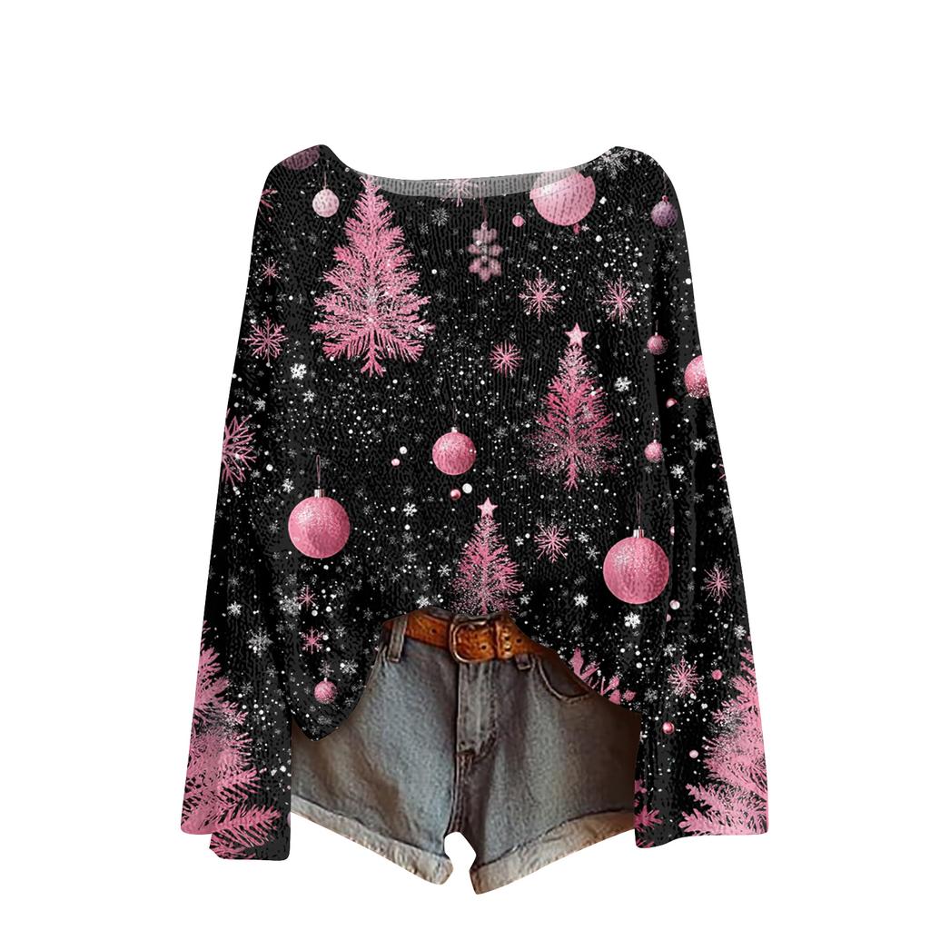 Ladies' Fashionable Casual Long Sleeved Christmas Printed Round Neck Knitted Yarn