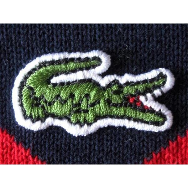 Used Good Condition Made In France LACOSTE AH6788 Crocodile Logo Patch Organic Cotton Border Sweater Knit FR:3 US:S Navy Navy Blue Red