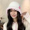 Sweet flower plush bucket hat women's autumn and winter warm versatile knitted hat showing face small wool hat tide