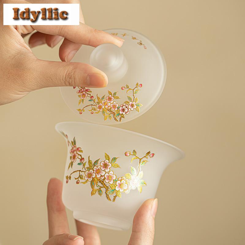 150ml Peach Blossom Frosted Glass Gaiwan Elegant Tea Tureen Tea Bowl With Lid Kit Tea Maker Cover Bowl Drinkware Supplies Gift
