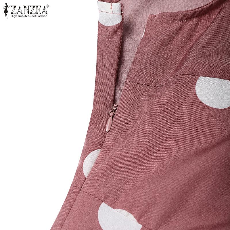 ZANZEA Women Vacation Casual V-Neck Sleeveless Polka Dot A-Line Slit Dress