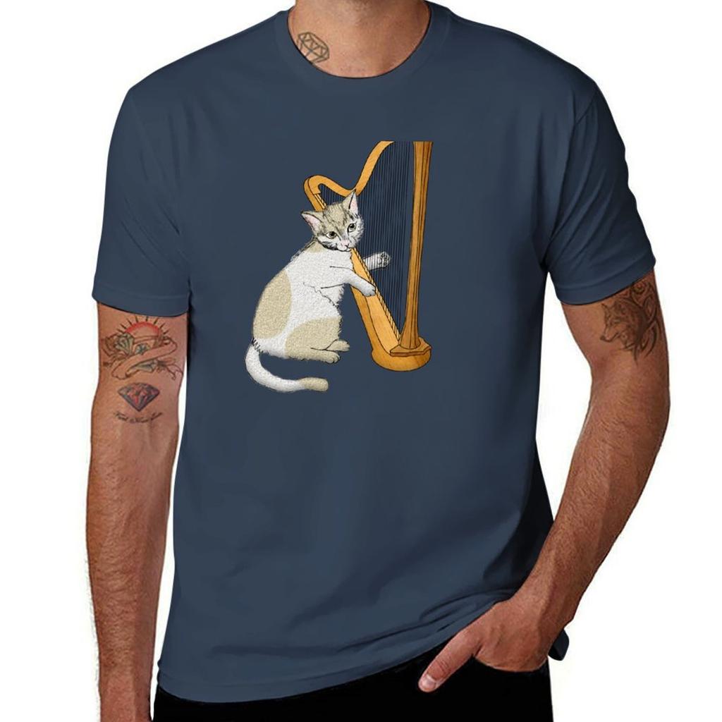 Calico Cat Plays The Harp Tshirt Basic Lightweight Short Sleeve Tee