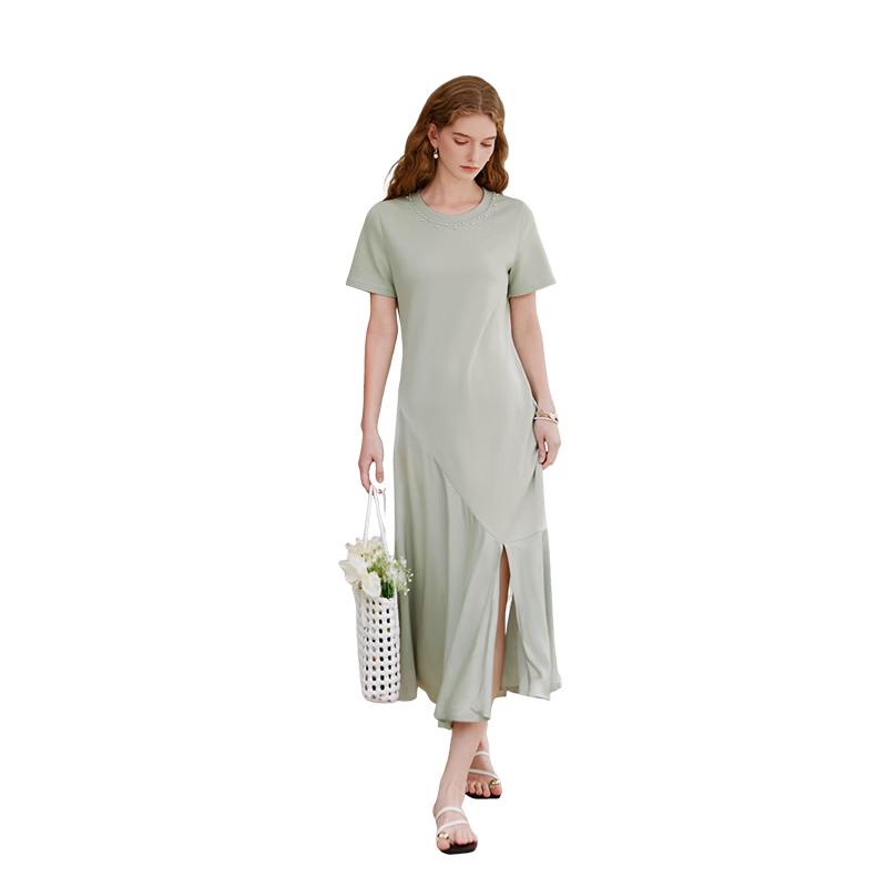 

Xiangying 2026 Summer Knitted Satin Patchwork A-line Midi Dress S