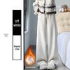 Women's High-Waisted Corduroy Pants - White Fluffy Lambswool, Wide-Leg, Plus Velvet Thickened & Slimming for Autumn/Winter
