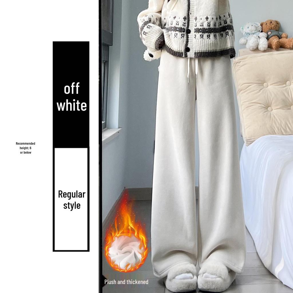 Women's High-Waisted Corduroy Pants - White Fluffy Lambswool, Wide-Leg, Plus Velvet Thickened & Slimming for Autumn/Winter