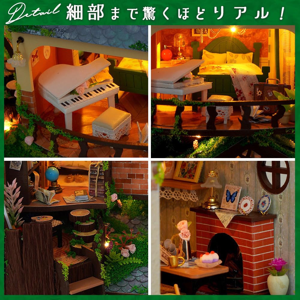 moin moin Dollhouse Miniature DIY Kit Set Scale Beginner Fairy Tale Forest Villa Magic Nursery Rhyme Large Diorama Treehouse Green Animal LED Light