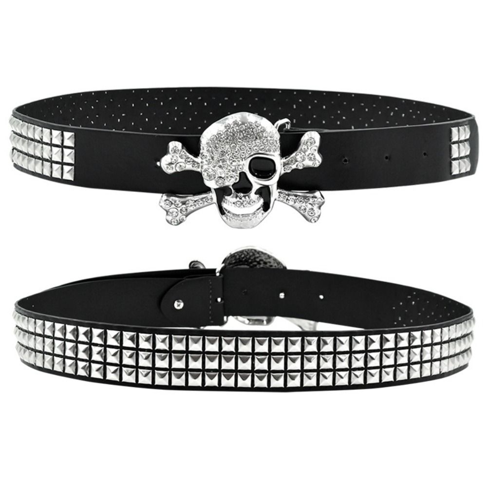 Rhinestone Skull Wide Waistband Adjustable Skeleton Belt Vintage Black Rivet Belt Men