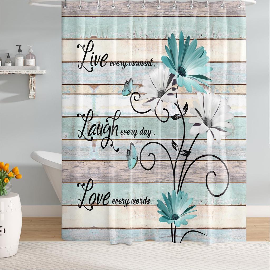 Blue and White Daisy Watercolor Flower Waterproof Bathroom Shower Curtain (with 12 Hooks) 72x 72 Inch Blue Butterfly Pastoral Style