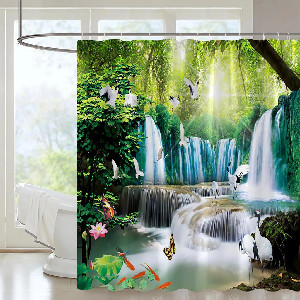 Mountain Forest Streams Natural Landscape Shower Curtain Set Waterfall Scenery View Plant Orchid Printing Bathroom Decor Curtain
