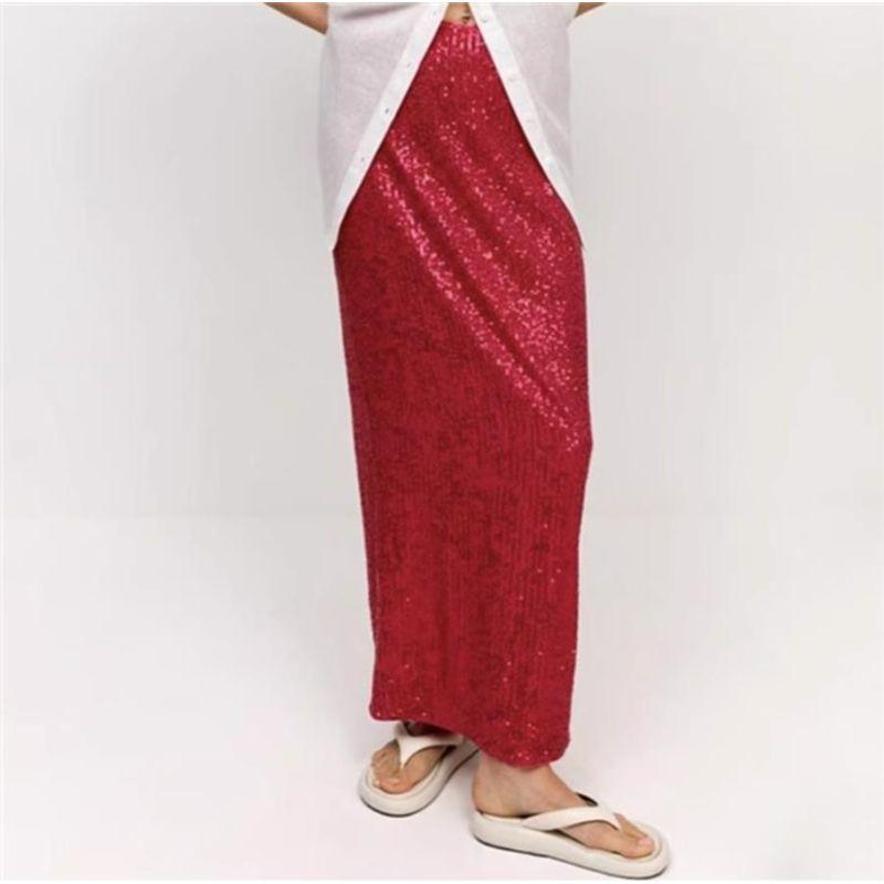 

Модное платье в европейском и американском стиле с разрезом сзади, пайетки Red S