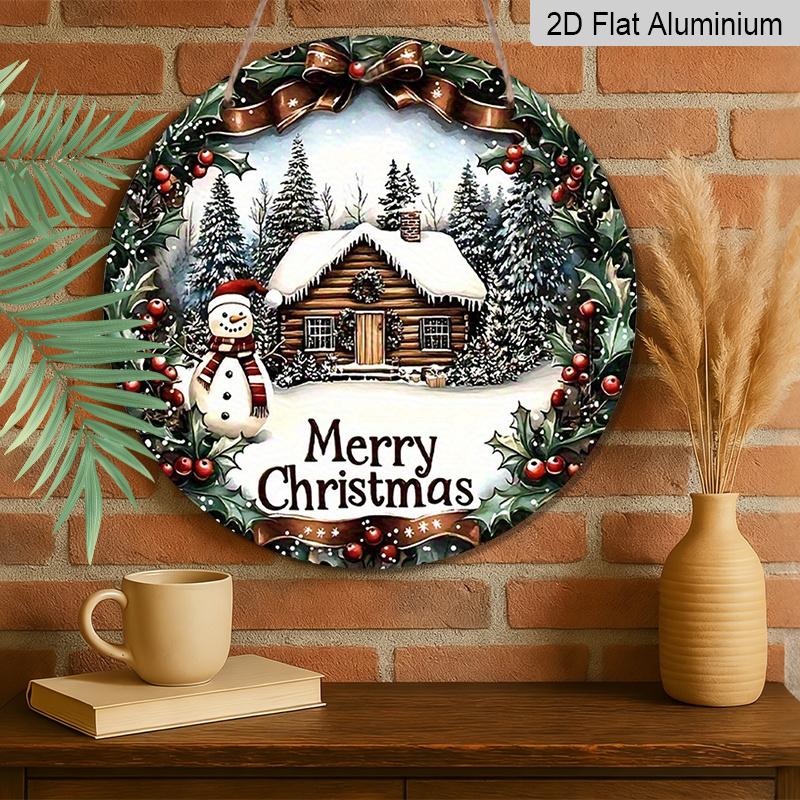 2D Flat, 1pc Retro Aluminum Christmas Ornaments - Snowman, Red Berry Wreath, And "Merry Christmas" Tag, Indoor Outdoor Wall Hanging Decor, Front Door