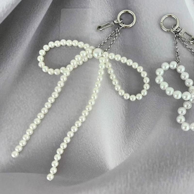 Pearl Bowknot Pendant Keychain Beaded Phone Charm Detachable Bow Phone Lanyard Handmade Keyring Jewelry for Wallet