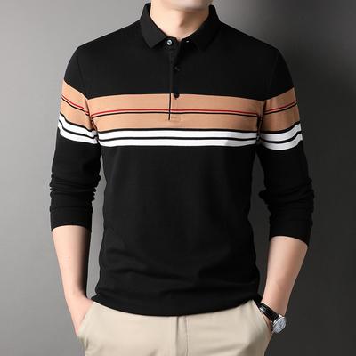 Autunno Nuovo Stile Polo in Cotone con Risvolto da Uomo di Mezza Età e Giovane, T-shirt a Maniche Lunghe a Righe alla Moda
