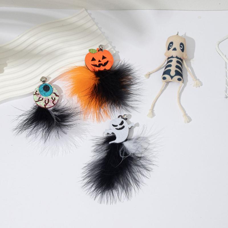 Cat Teaser Stick Halloween Cat Toy New Cat Teaser Stick Pumpkin Ghost Feather Bell Plastic Cat Toy