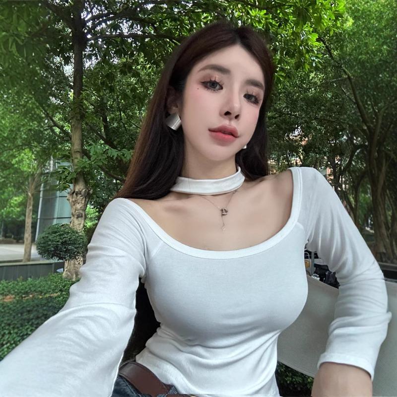 Neue Spice Girl Ein Schulter Langarm Ein Kleid Drei Tragevarianten Schlank Schlank Bequem Schlicht Einfarbig Sexy Bluse Frau