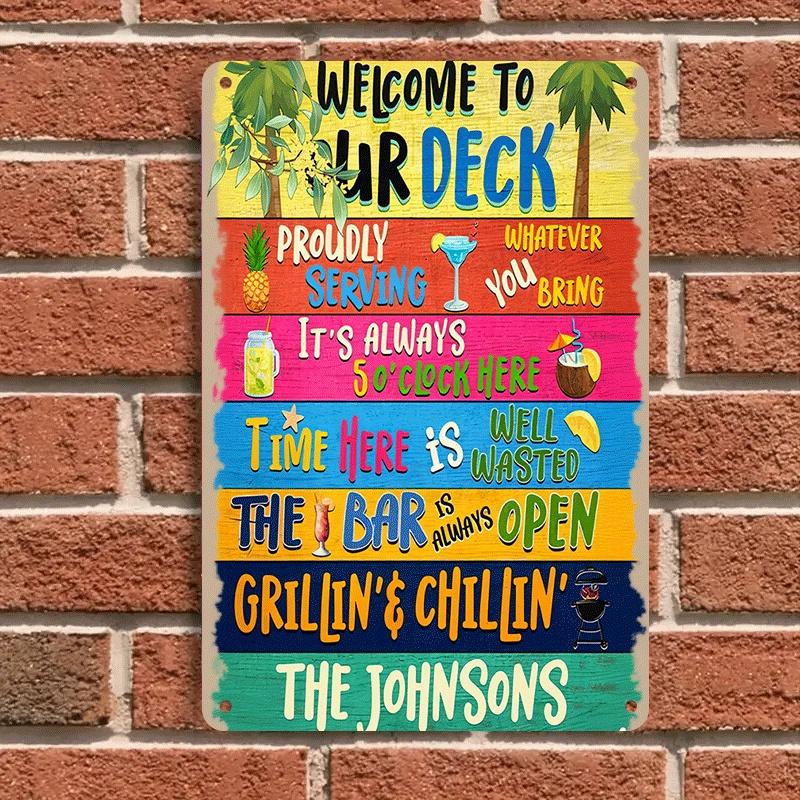 1 item Welcome to our terrace Metal plaque Outdoor patio decoration Proud  BBQ lounge bar open sign Tropical elements Sur