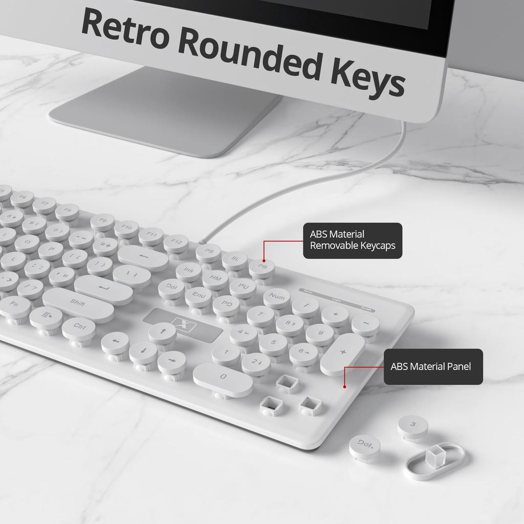 Wired Quiet Membrane Keyboard, Full-Size 104-Key Retro Punk Typewriter White LED Backlit, USB Ultra-Slim Gaming Keyboard with ABS Round Keycaps for