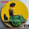 Vintage Round Metal Wall Art Black Cat Woman Home Decor Halloween