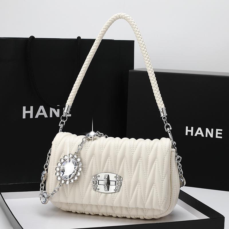 

New Leather Pleated Bag, Gemstone High-quality Single Shoulder Crossbody Bag, Fashionable Rhinestone Chain Bag for Women белый