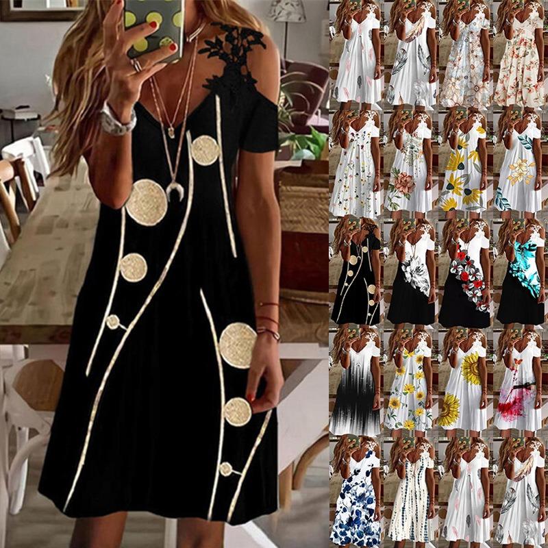 Vestido de Verano con Hombros Descubiertos de Encaje y Manga Corta Nuevo Estampado Holgado Casual Vestidos de Fiesta Moda Femenina Elegante Línea A Talla Grande Ropa Dulce