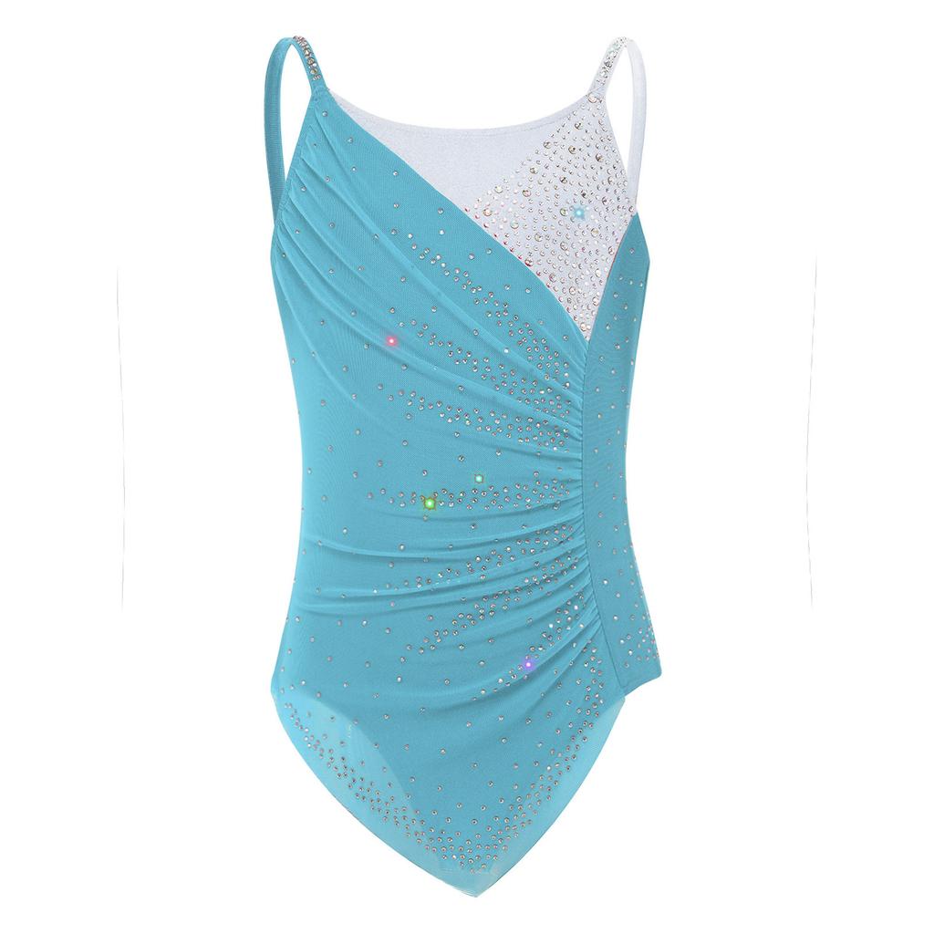 Vestito da Ginnastica da Bambina Senza Maniche con Rucher, Patchwork in Rete, Strass Scintillanti, Slip Integrati