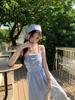 French Blue Checkered Spaghetti Strap Sleeveless Tank Dress - Women's Summer 2025 Seaside Vacation Long Dress