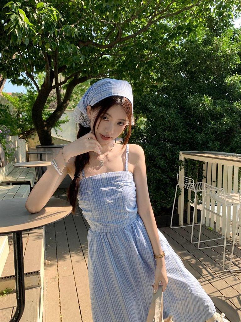 French Blue Checkered Spaghetti Strap Sleeveless Tank Dress - Women's Summer 2025 Seaside Vacation Long Dress