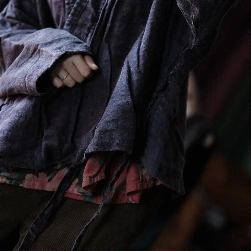 Johnature Women Vintage Belt V-Neck Parkas Long Sleeve Plus Cotton Coats Winter Dark Purple Women Linen Parkas