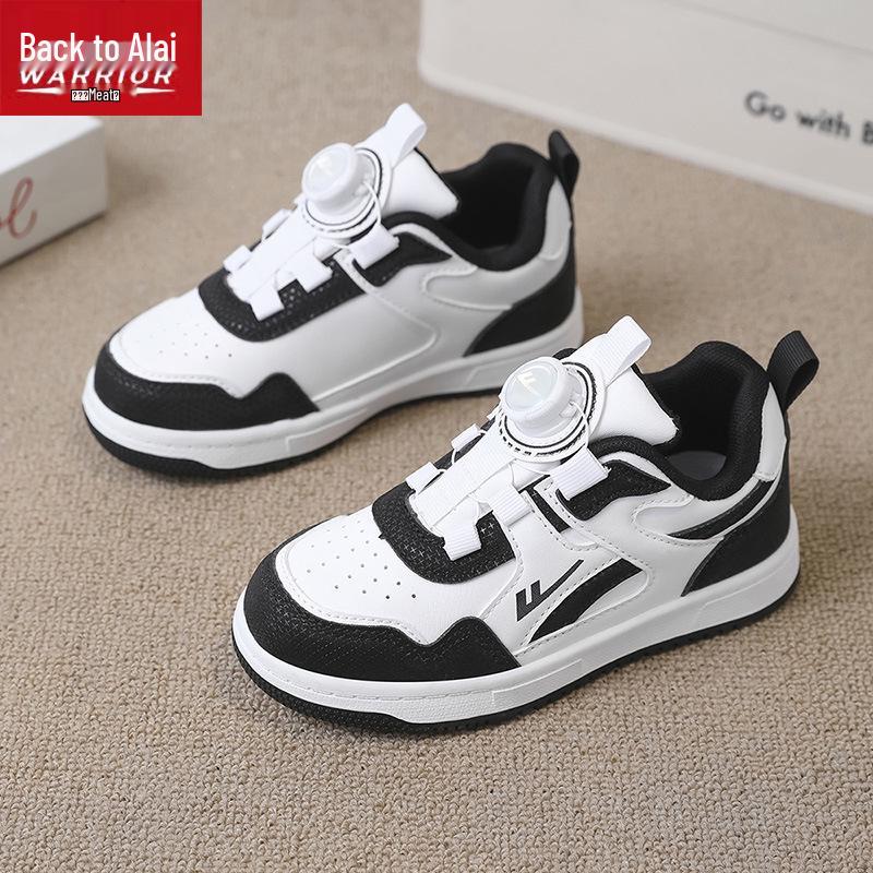 Warrior Kids' Winter 2025 White Leather Sneakers with Rotating Button for Boys and Girls - Versatile Casual Shoes