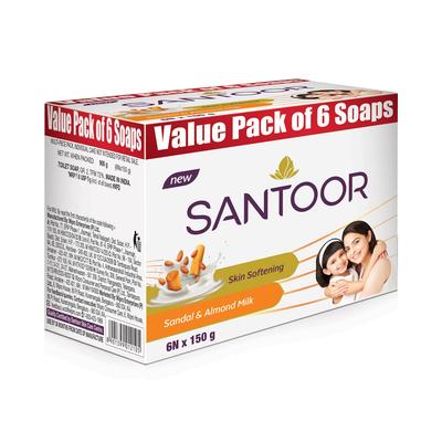Santoor Skin Softening Sandal and Almond Milk Bathing Soap for Deep Hydration and Youthful Glowing Radiant Skin Pack of 1 6N X 150g