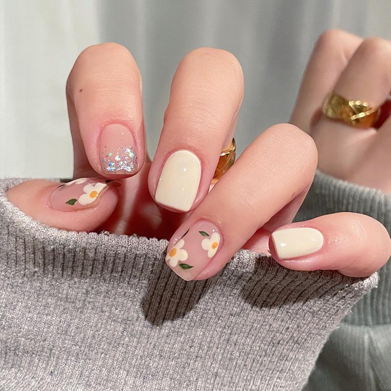 24Pcs Short Square Fake Nails Cloud Star Pattern Full Cover Press On Nail Tips Manicure Art
