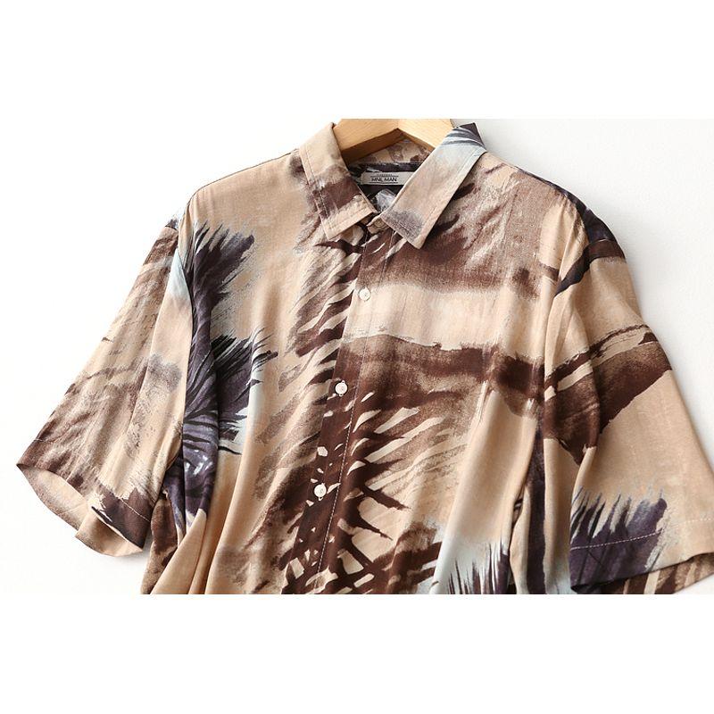 Foreign Trade Original Order Splash-Ink Printing and Dyeing Short-Sleeved Cotton Silk Shirt Women's Summer Thin Retro Print Loose Rayon Tops