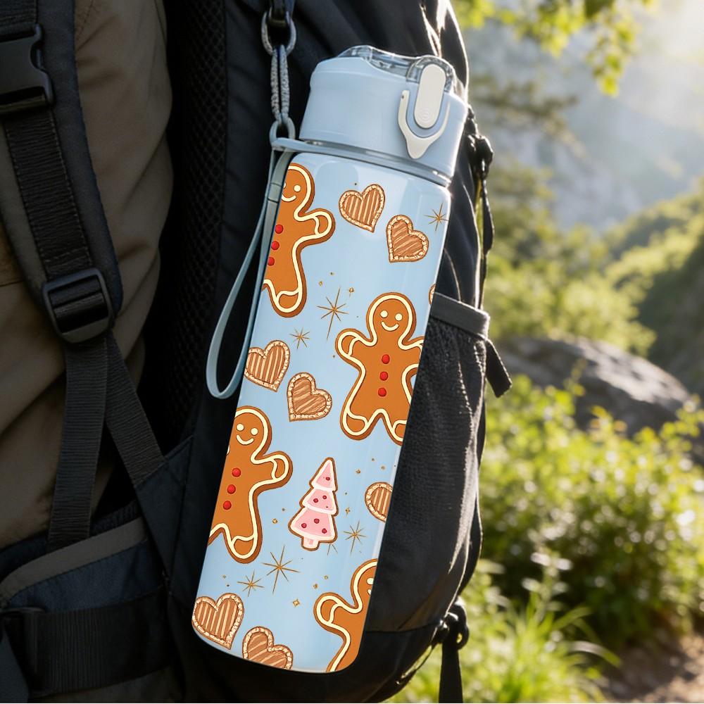 1PC Gingerbread Cookie Xmas Repeat Print 750ml Color Plastic Sports Water Bottle Leakproof Flip Straw Lid Suitable for Sports Office Home Use