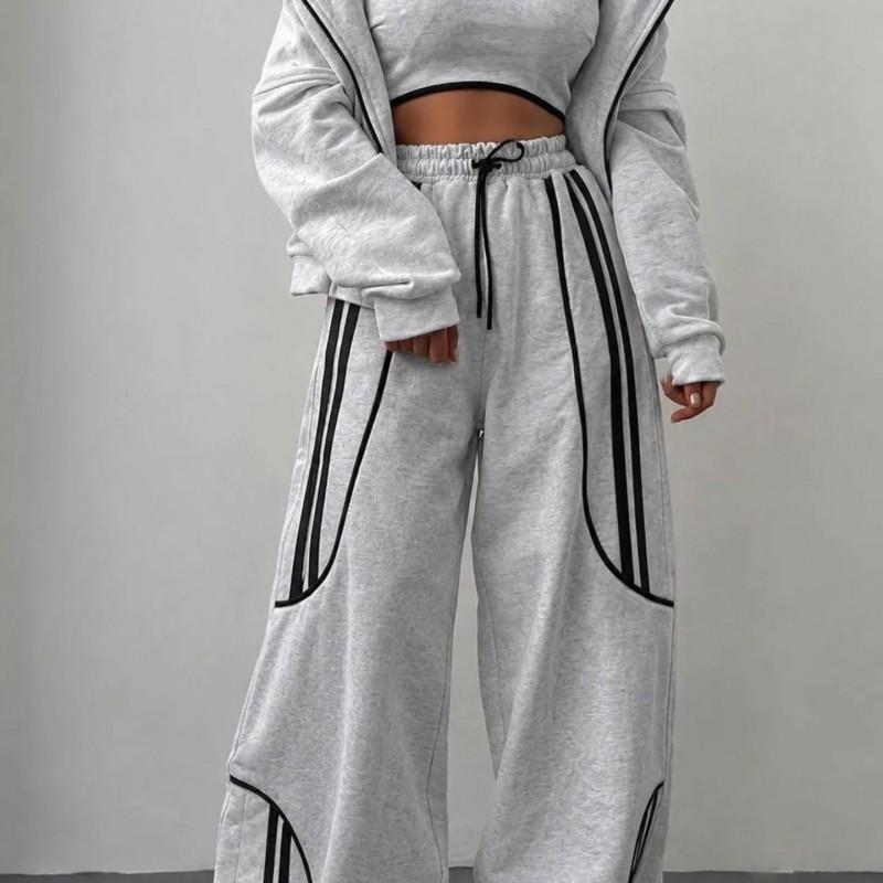 Womens Streetwear Hooded Two-Piece Set With Stripe Panel Detail Long Sleeve Open-Front Top Drawstring Pants