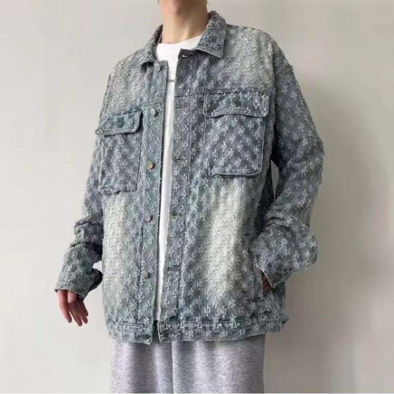 Vintage Washed Denim Jacket With Jacquard Distressed Holes Tie-Dye Unisex Streetwear