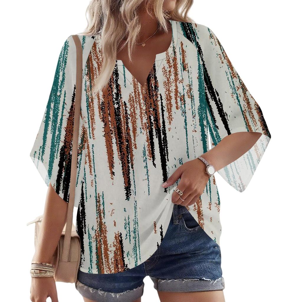 Women's 3/4 Sleeve V Floral Shirt Casual Loose Tunic Top