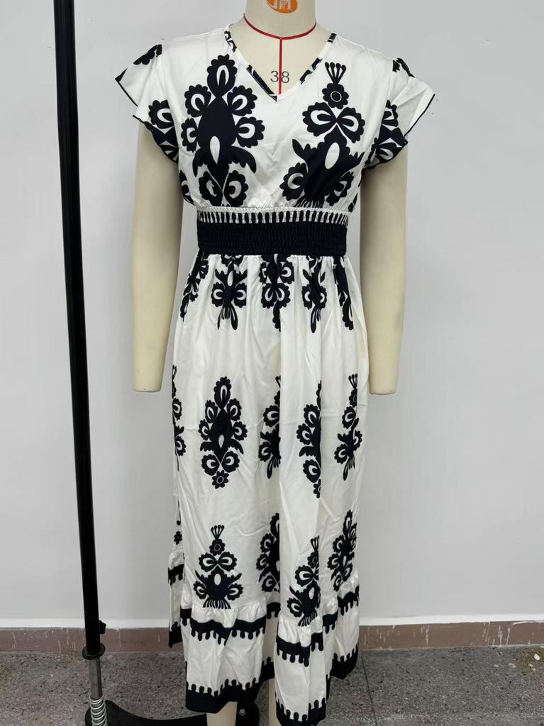 2025 European and American V-neck Waist-Cinching Summer Print Long Dress for Women