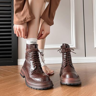British Retro Lace-up Thick-soled Martin Boots Autumn and Winter Single Boots Exquisite Hand-scratched Thick-heeled Short Boots Women's Locomotive B