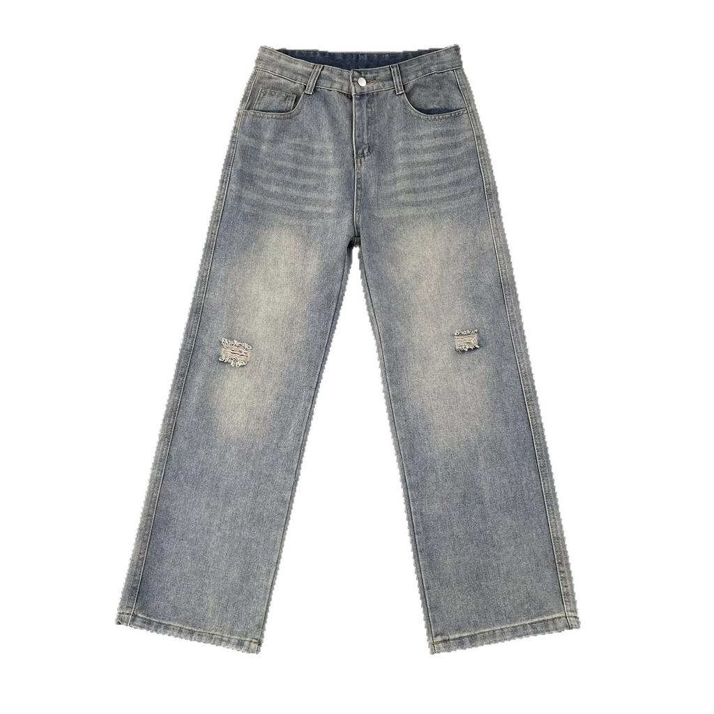 American Retro Old Washed Denim Long Pants Men's Wasteland Wind-mud Dyed Loose Men's Pants Ripped Wide-leg Casual Pants