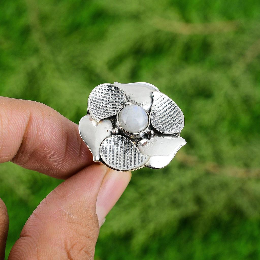 Multi Stone Flower Adjustable Ring 925 Silver Natural Rainbow Moonstone