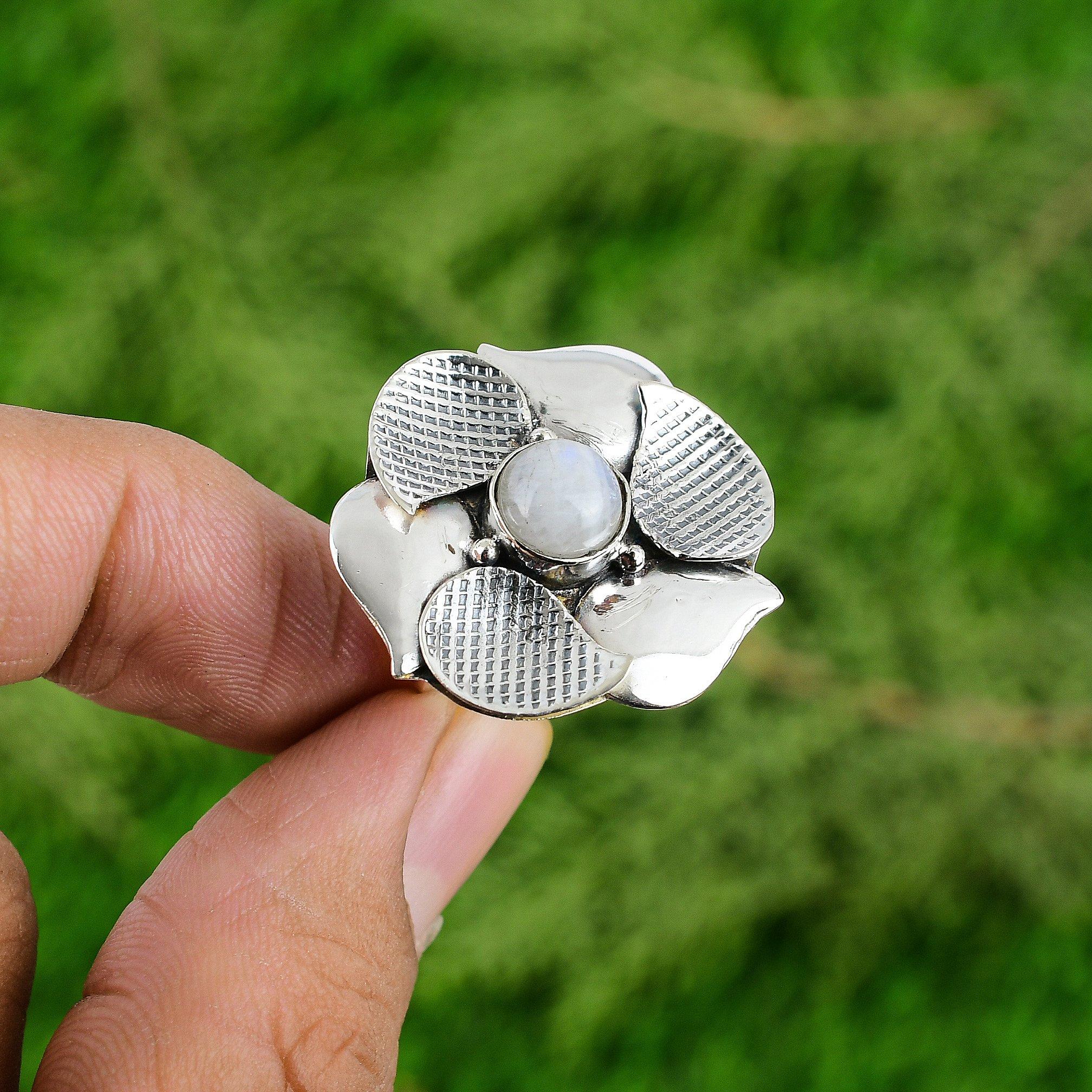 

Multi Stone Flower Adjustable Ring 925 Silver Natural Rainbow Moonstone Adjustable