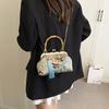 Fashion retro wind bamboo handle panda embroidery clip women's small square bag new versatile fringed shoulder messenger bag