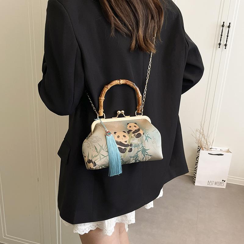Fashion retro wind bamboo handle panda embroidery clip women's small square bag new versatile fringed shoulder messenger bag