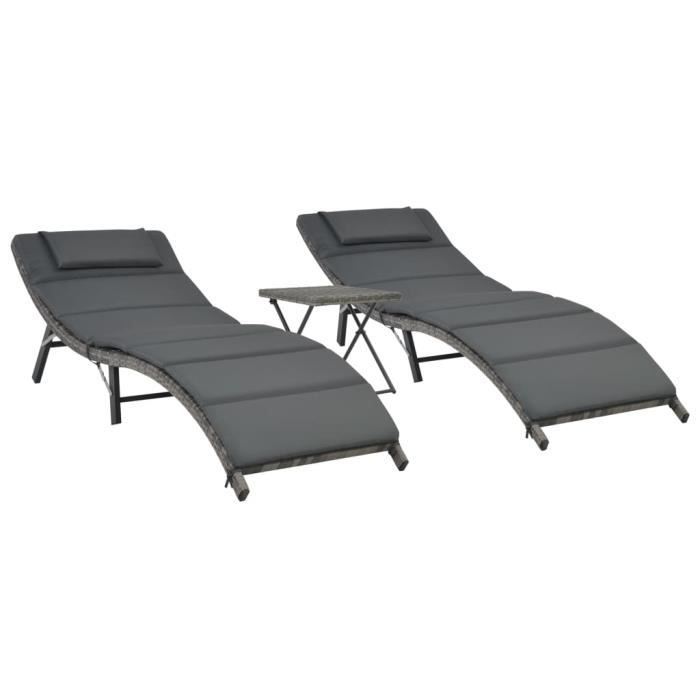 VidaXL Ensemble de chaises longues pliables 3 pcs Résine tressée Gris