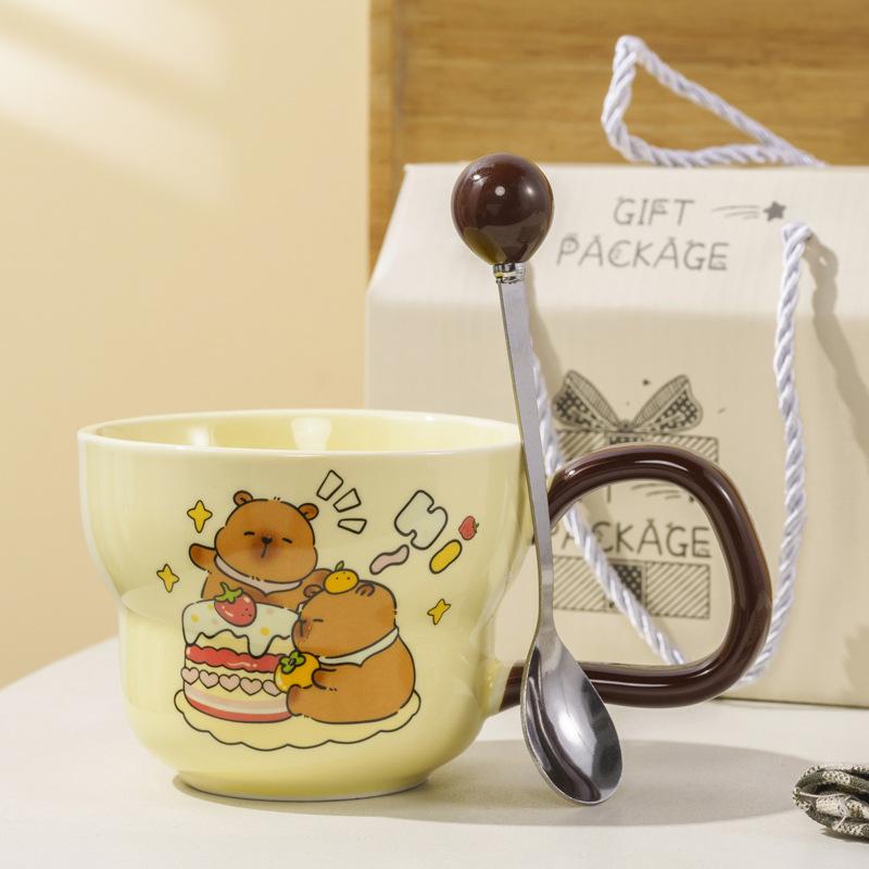 Roztomilý keramický hrnek s kapybarou a lžičkou, hrnek pro pár, vysoký, hezký, kreslený hrnek s kapybarou, suvenýr na oslavu obchodu