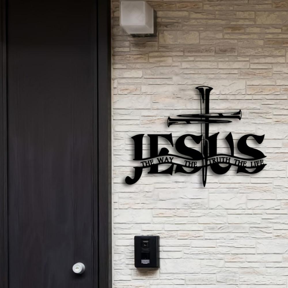 Divine Savior & Devout Hands Iron Wall Ornament - 'I Am the Way' Cross Adornment, Sturdy Metal, Ideal Christian Home Gift, Outdoor Spiritual Décor