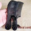 Handmade Black Buffalo Horn Comb - Genuine Anti-Static Massage Comb with Bamboo Floral Handle