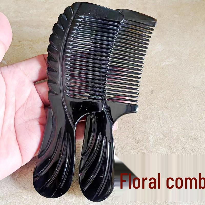 Handmade Black Buffalo Horn Comb - Genuine Anti-Static Massage Comb with Bamboo Floral Handle
