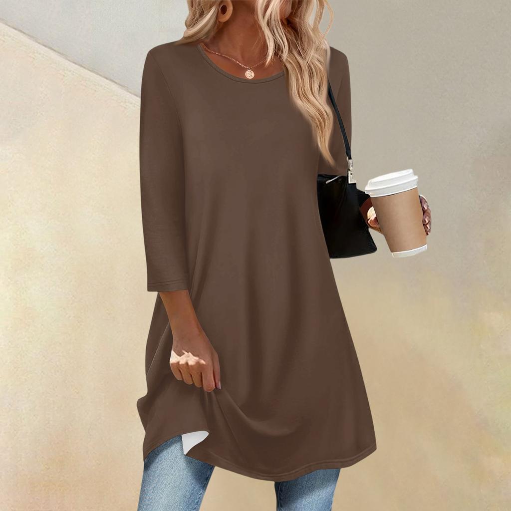 Women's Fashion Casual Three-quarter Sleeve Long Solid Color Round Neck Top